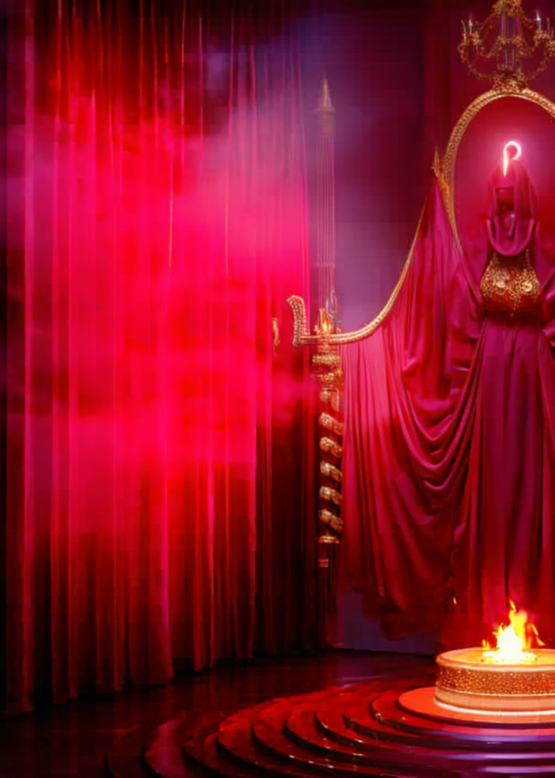 Mystic red-themed room with fire, draped figures, candle holders, and chandelier