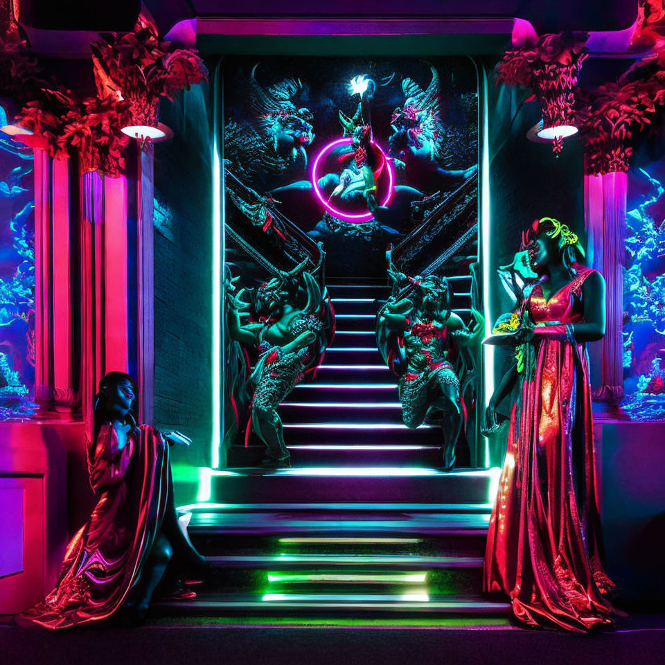 Neon-lit staircase with classical statues and elegant figures