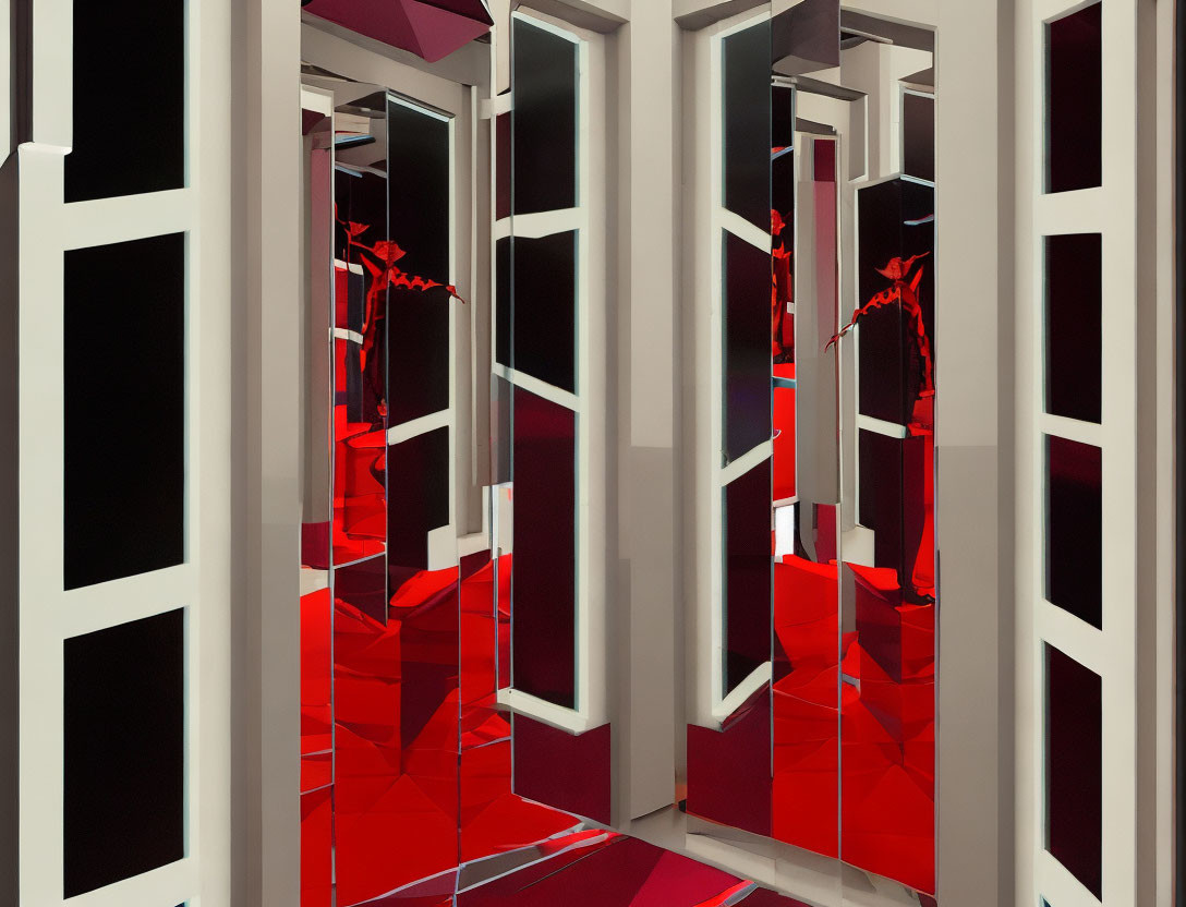 Mirrored labyrinth interior with geometric shapes in red and white