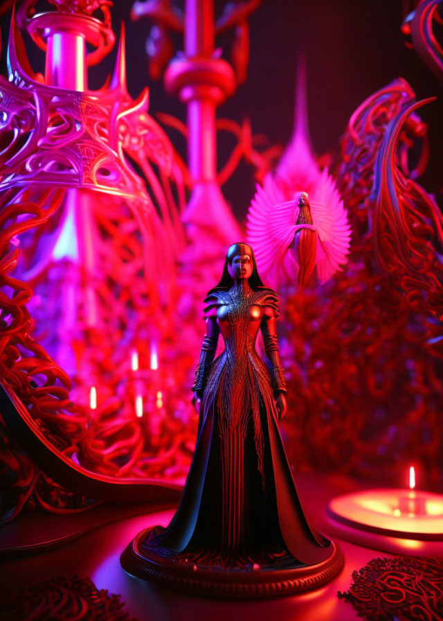 Elaborate Dark Attire Figurine Amid Red Sculptures and Candles