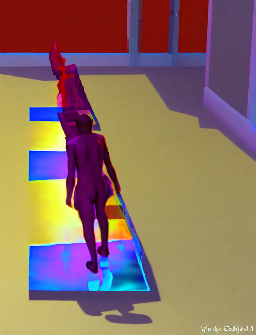 Stylized human figure ascends colorful staircase with long shadow