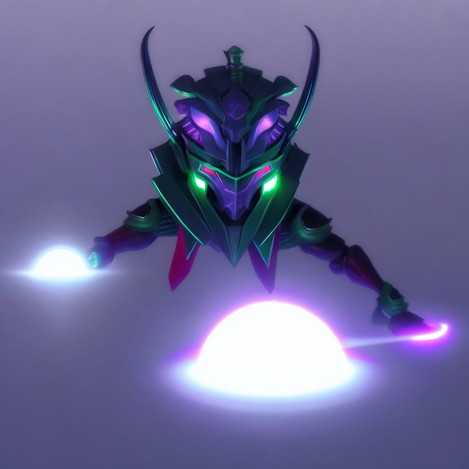 Menacing robotic figure with glowing green eyes and purple energy weapon on gradient backdrop