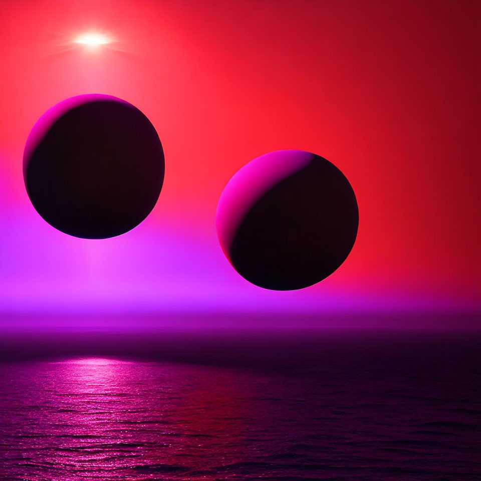 Dark spheres over shimmering sea under red sky with bright sun