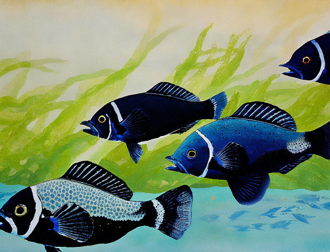 Vivid Tropical Fish Swimming Among Aquatic Plants in Blue Water