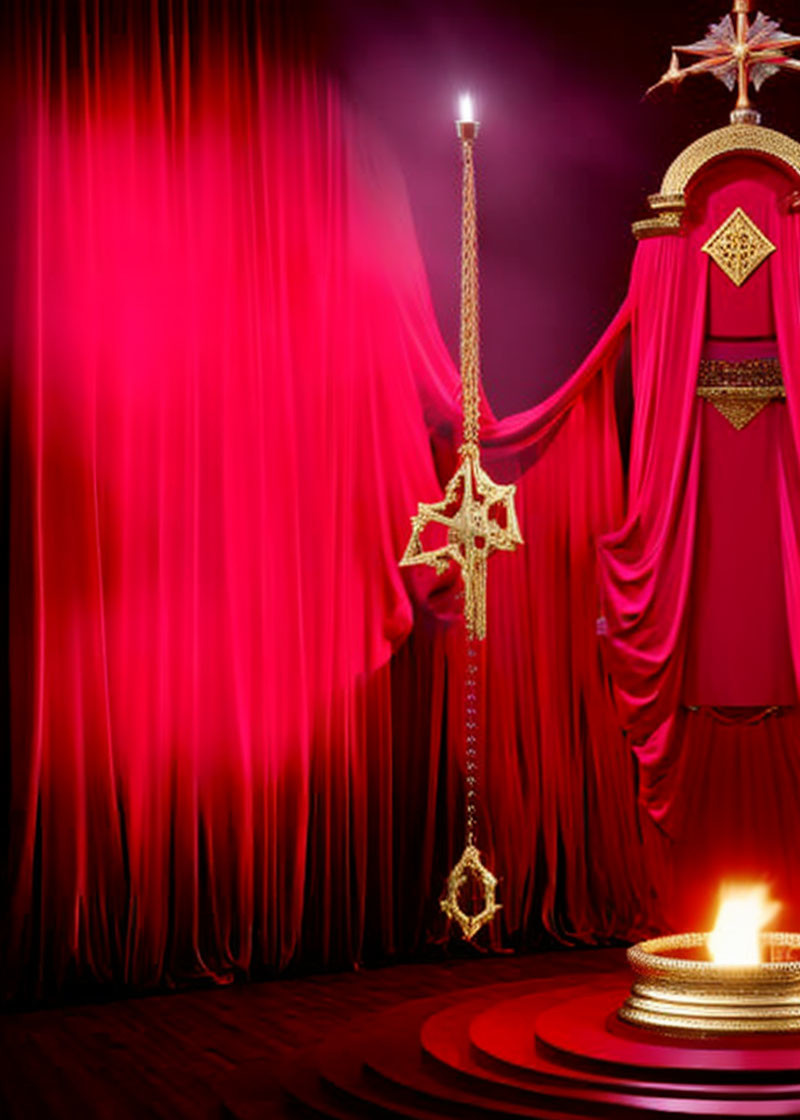 Golden ornate sword displayed against crimson drapes and candlelight