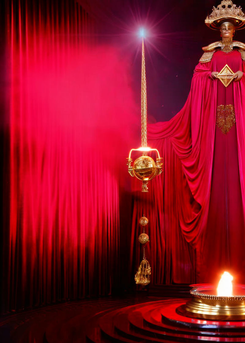 Regal Figure in Golden Crown and Red Robe with Glowing Orb