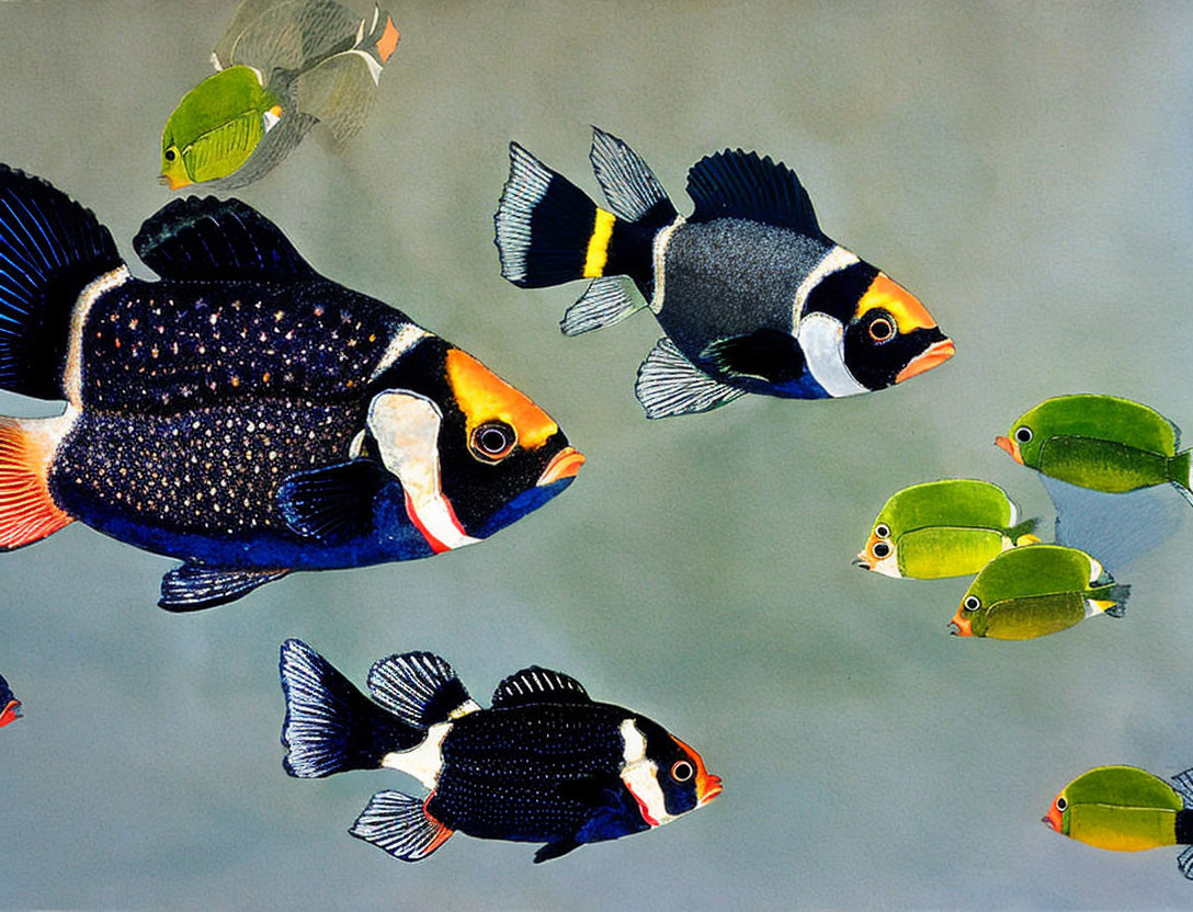 Vibrant Tropical Fish in Various Colors on Blue-Grey Background