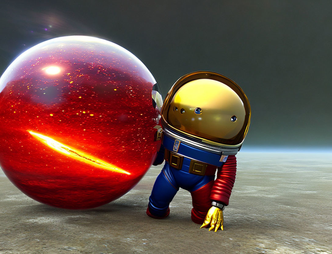 3D-rendered astronaut in red and blue suit with glowing orb on alien landscape