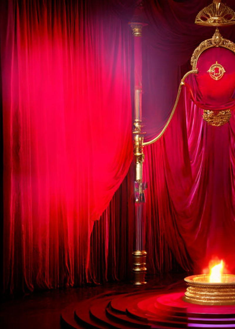 Elegant Red Draped Curtains with Brass Stanchion, Royal Crest, and Warm Spotlight