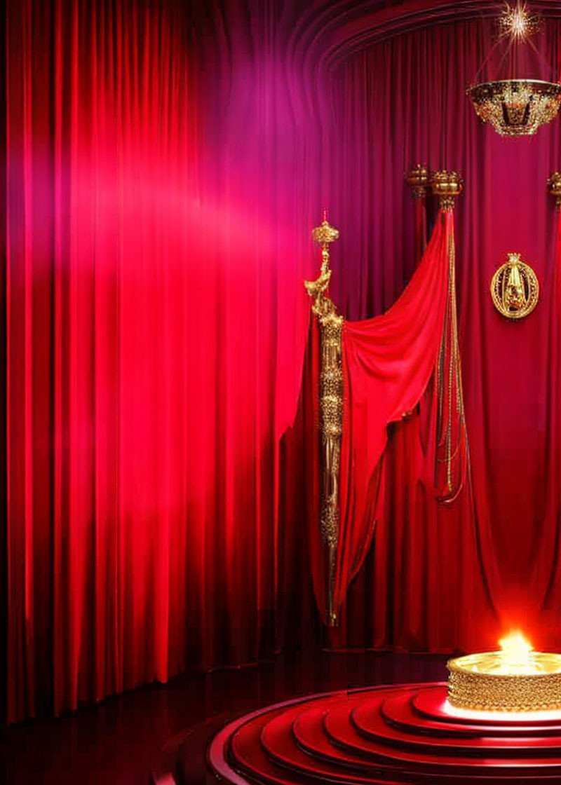 Luxurious Red Theater Curtains with Golden Tassels and Elegant Chandelier in Spotlight Setting