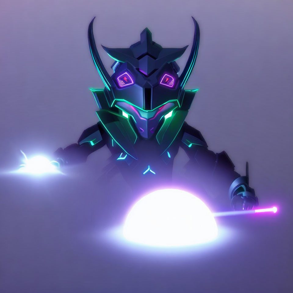 Futuristic knight in glowing neon armor with energy weapon