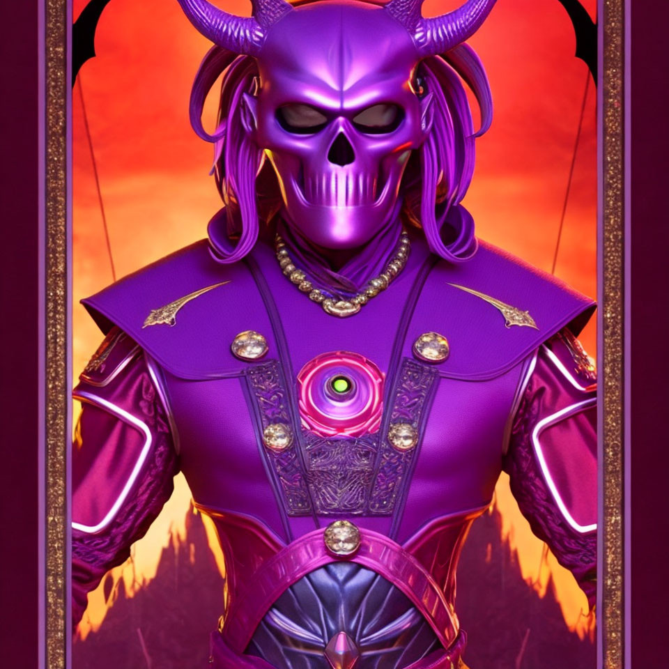 Purple-skinned character in intricate armor with skull helmet & green gem