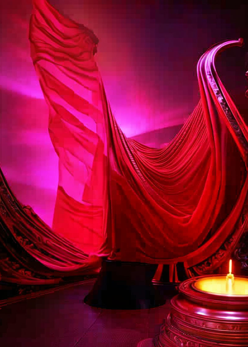 Red fabric drapes in dimly lit room with candle glow