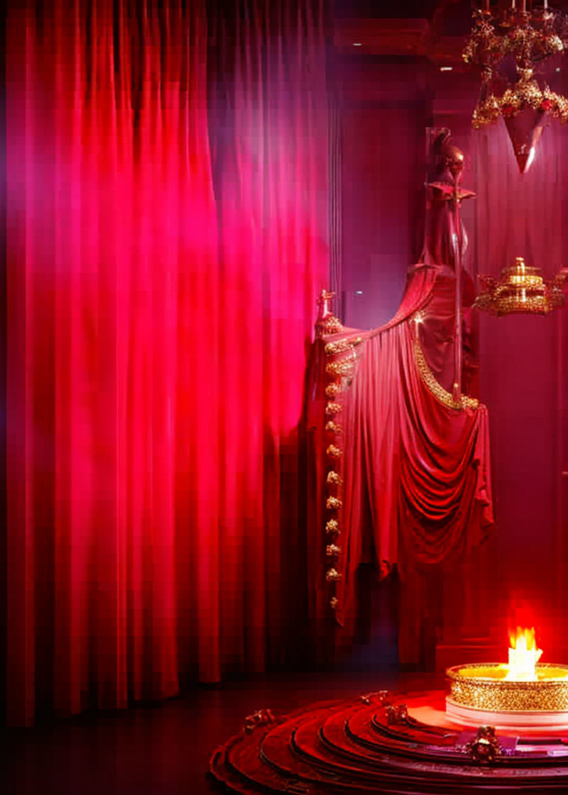 Luxurious Room with Red Curtains, Chandelier, and Candle