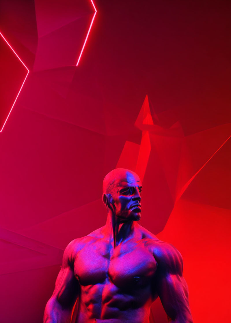 Muscular Sculpture Lit by Red and Violet Lighting with Geometric Shapes