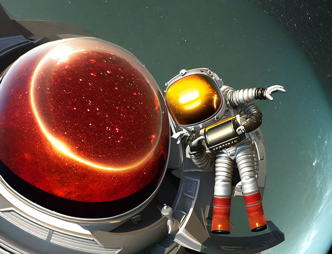 Stylized astronaut near spaceship with red planet.