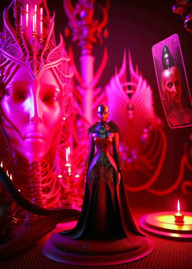 Futuristic portrait of a woman in avant-garde attire with elaborate decorations and floating card