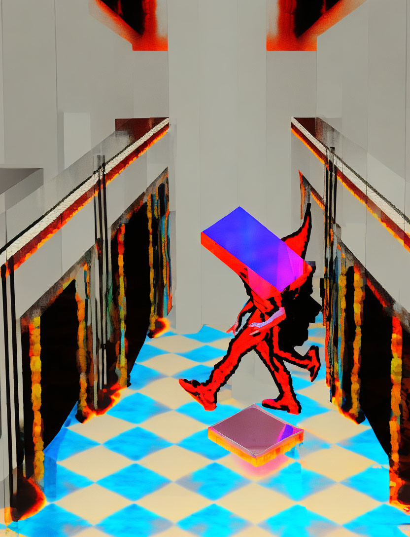 Vibrant 3D abstract artwork of dynamic figure in checkered hall