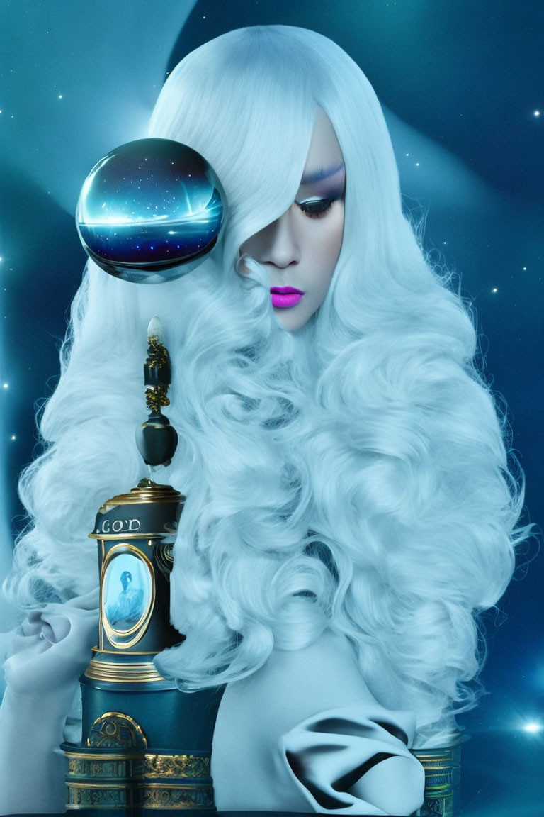 Surreal portrait of person with long white hair holding galaxy-filled orb next to ornate clock 