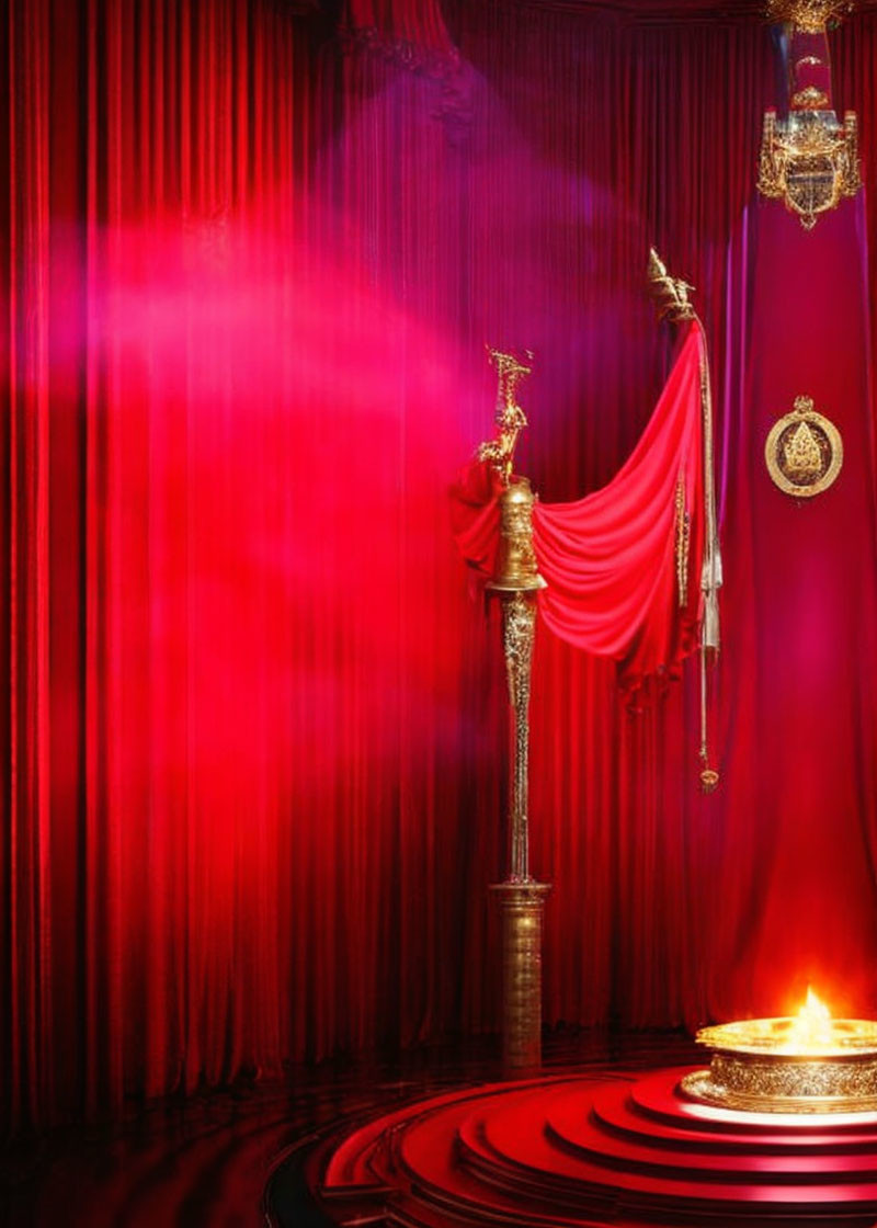 Opulent red stage curtains, gold tassel, staff, and lit brazier in luxurious setting