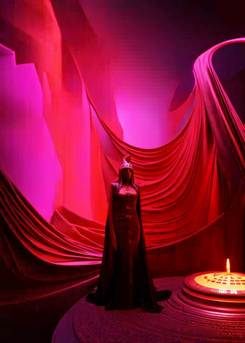 Dramatic person in black outfit with crown in red-lit room