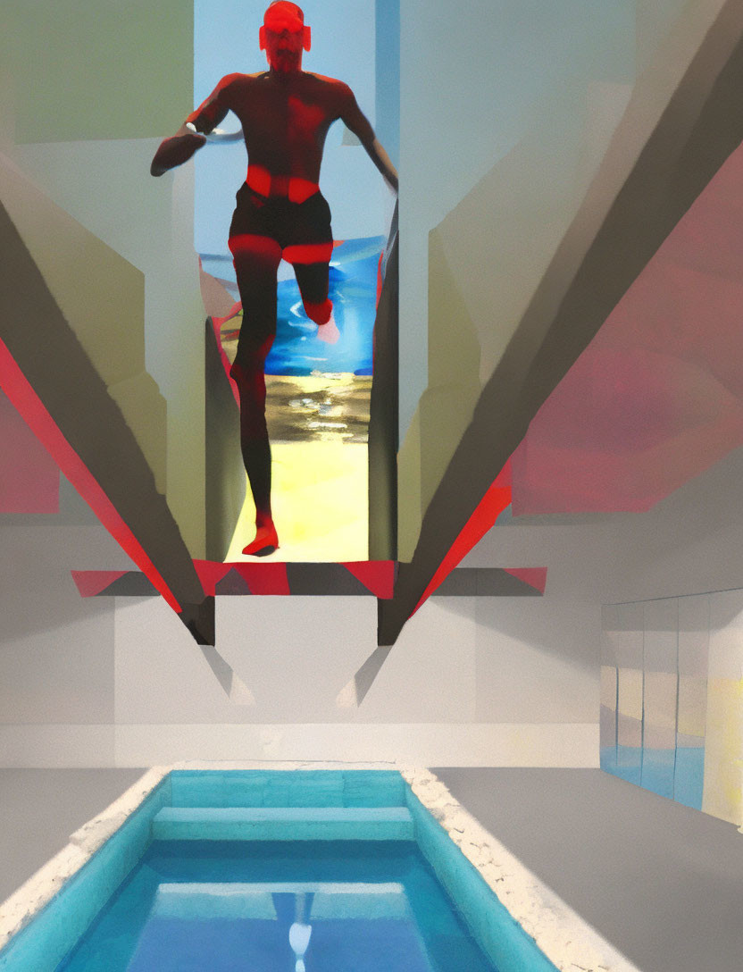 Stylized diver in red suit mid-air over pool with geometric background