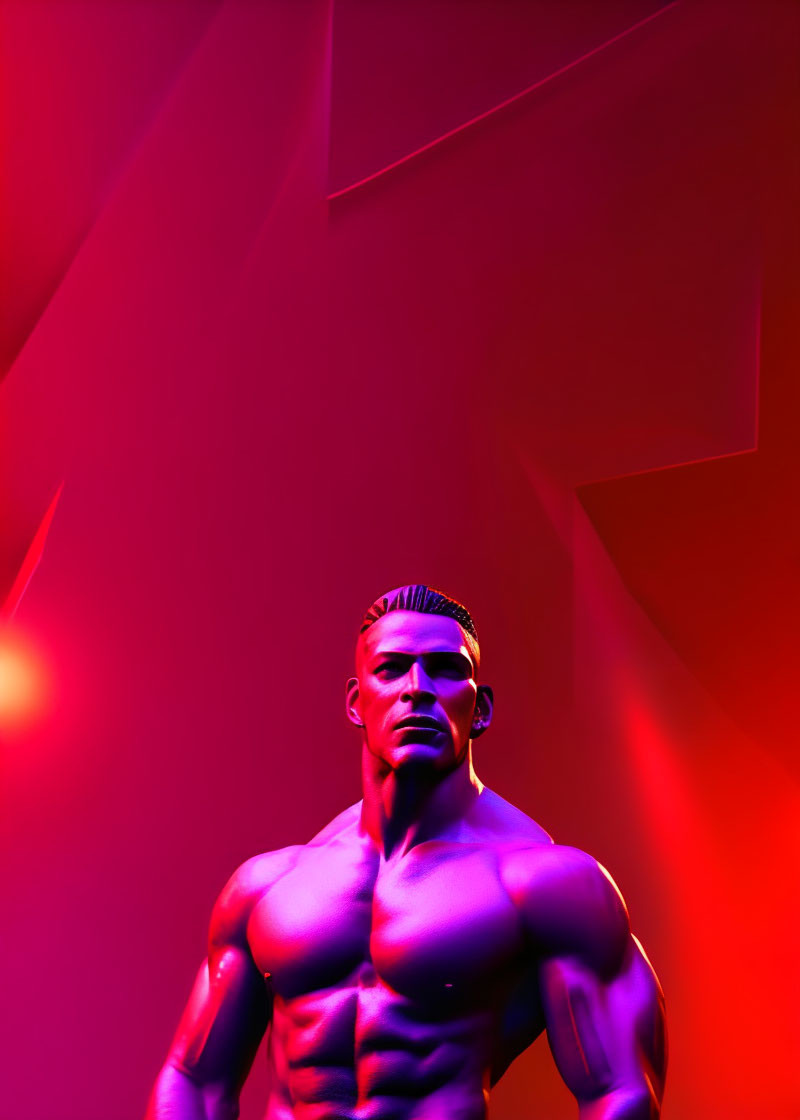 Muscular figure with defined abs under vibrant pink and purple lighting