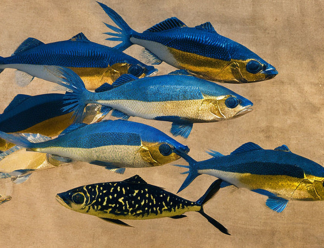 Vibrant blue and gold fish swimming over sandy bottom with distinct black and yellow fish