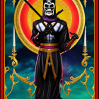 Skeleton-faced character in black and purple robe with scythe against golden crescent & starry background