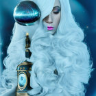 Surreal portrait of person with long white hair holding galaxy-filled orb next to ornate clock 