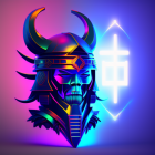 Digital artwork: Stylized samurai helmet with kanji symbol on neon-lit gradient.