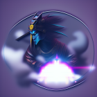 Cybernetic samurai digital art with blue accents on purple background