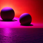 Dark spheres over shimmering sea under red sky with bright sun