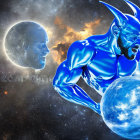 Blue muscular humanoid with horns holding glowing sphere in cosmic setting