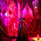 Elaborate Dark Attire Figurine Amid Red Sculptures and Candles