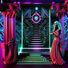 Neon-lit staircase with classical statues and elegant figures