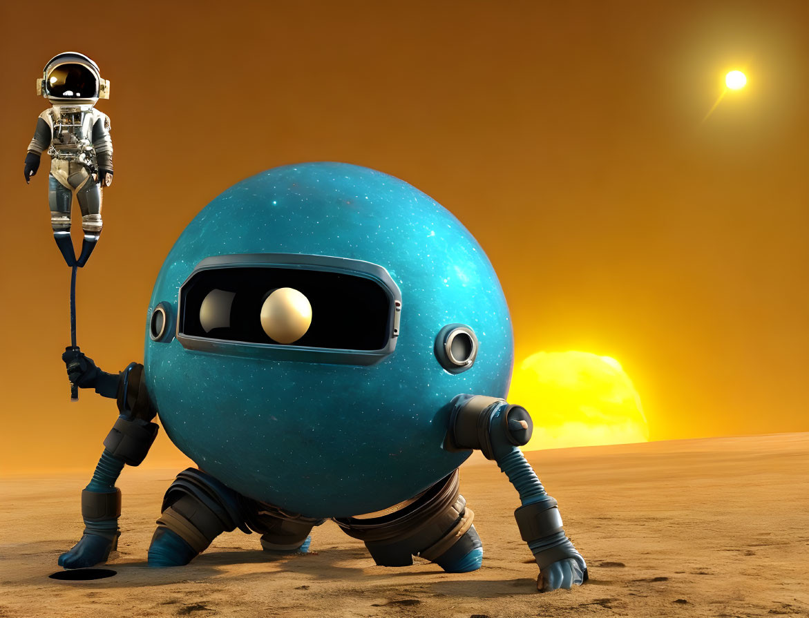 Astronaut with leash on barren alien landscape with blue spherical robot