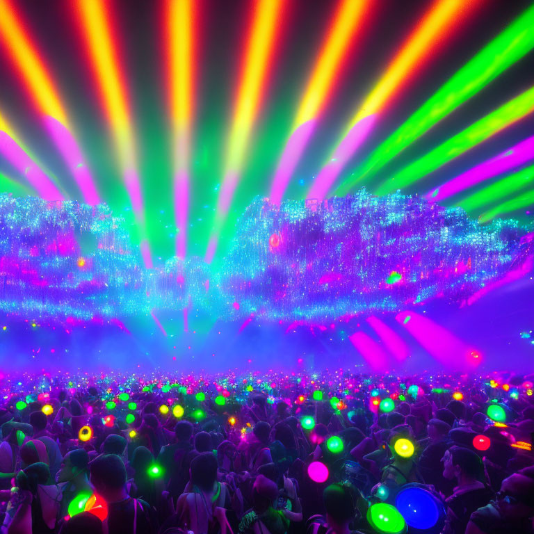 Colorful Laser Lights Illuminate Energetic Concert Crowd