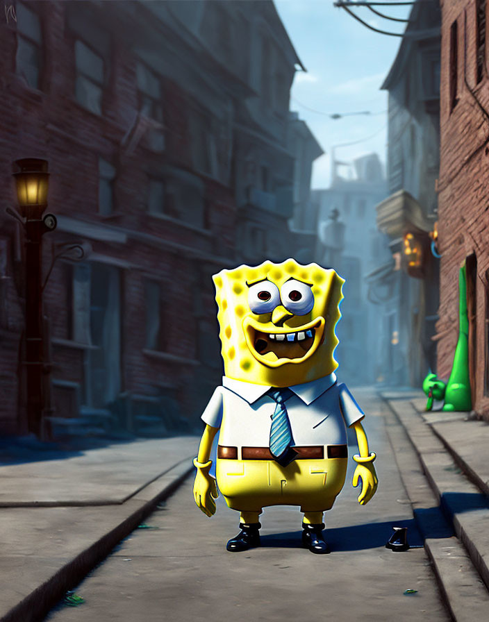 Animated character in urban alley with smile, old buildings, street lamp, and trash can.