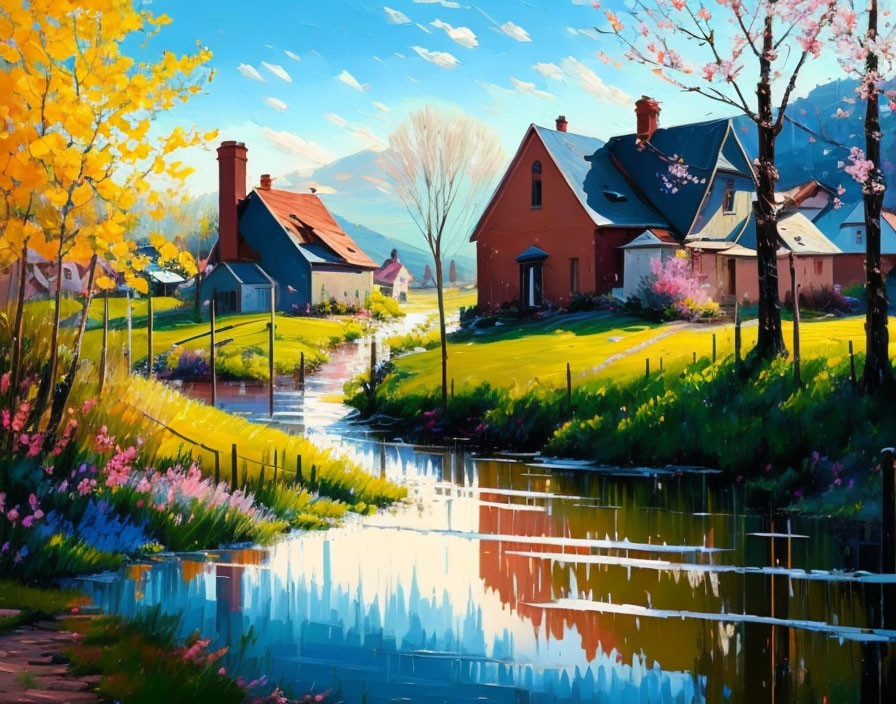 Scenic countryside painting with red-roofed houses by a calm river