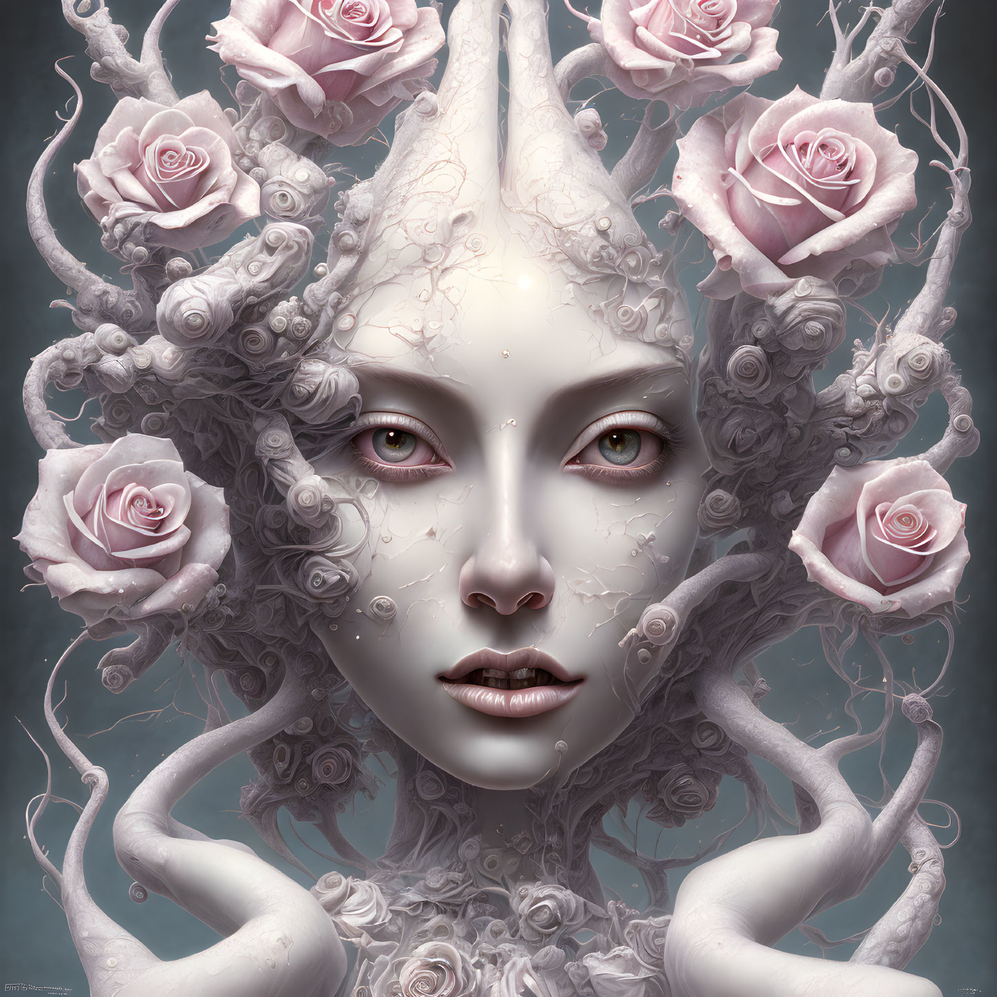 Surreal portrait of pale woman with horns, roses, and intricate details