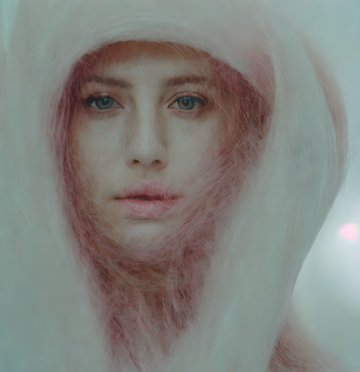 Blue-eyed person in pink veil gazes at camera