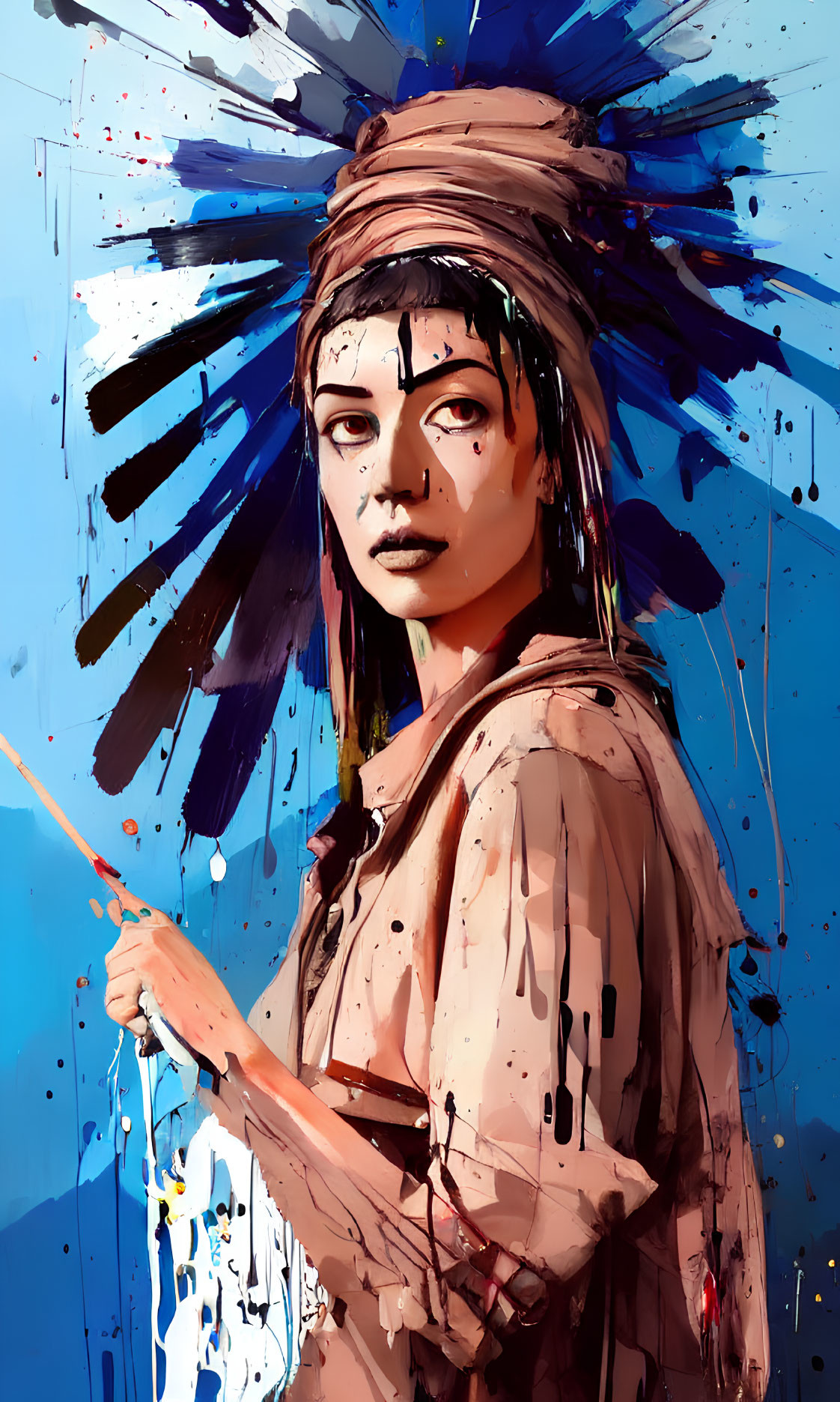 Digital painting of woman with headscarf and paintbrush, intense gaze, vibrant blue background.