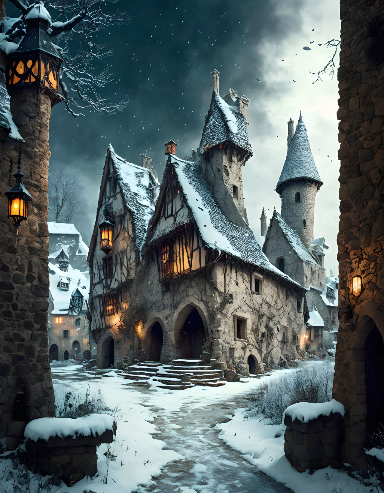 Medieval stone village under snowfall at twilight