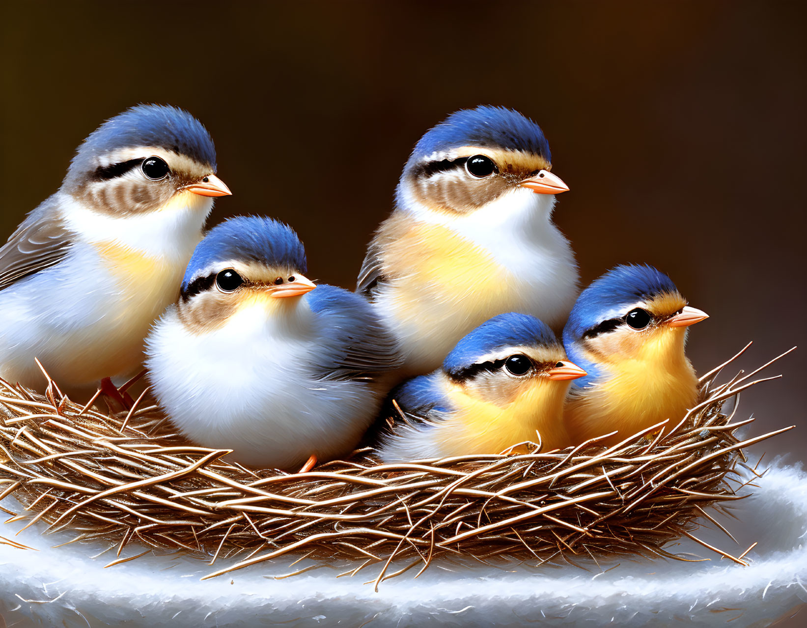 Four Cute Cartoon Bird Chicks Nestled Together in Twig Nest