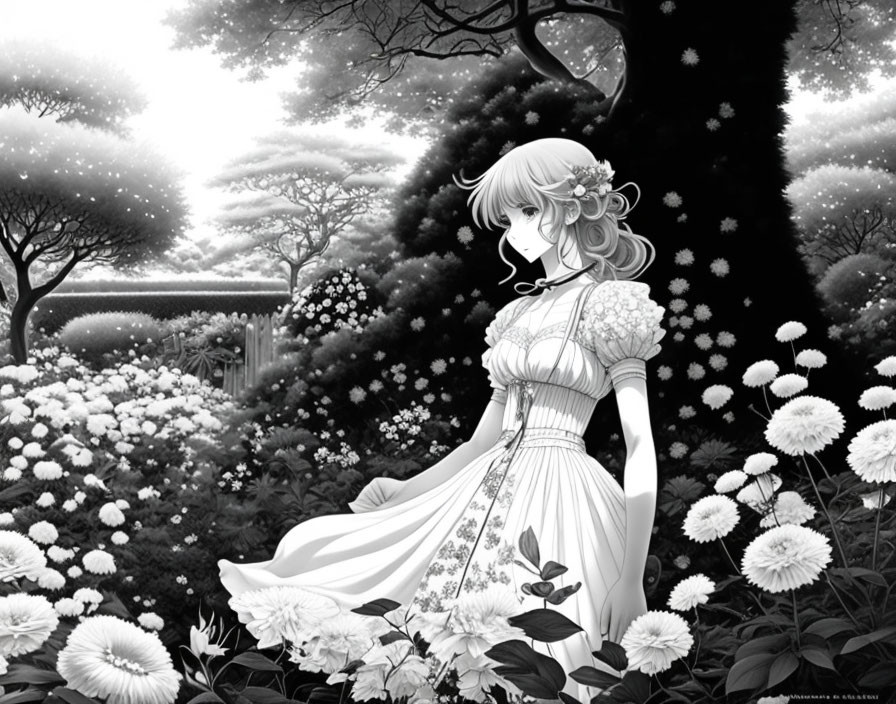 Monochrome illustration of young woman in vintage dress in lush garden