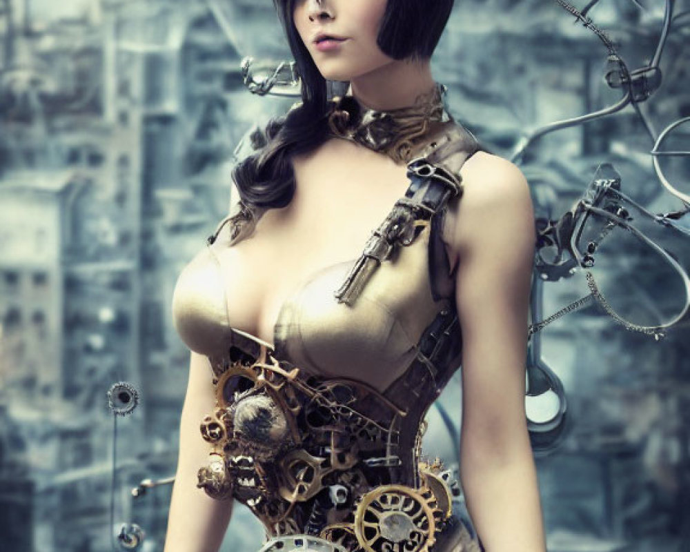 Steampunk-themed woman with corset, goggles, gear accessories, and floating clockwork hat