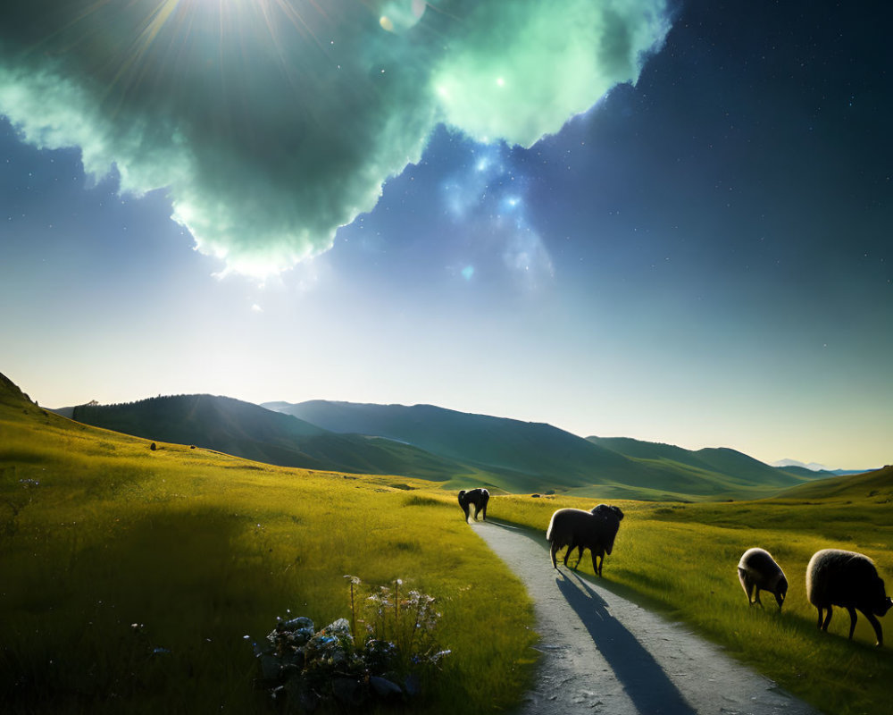 Rural landscape with grazing sheep under starry sky