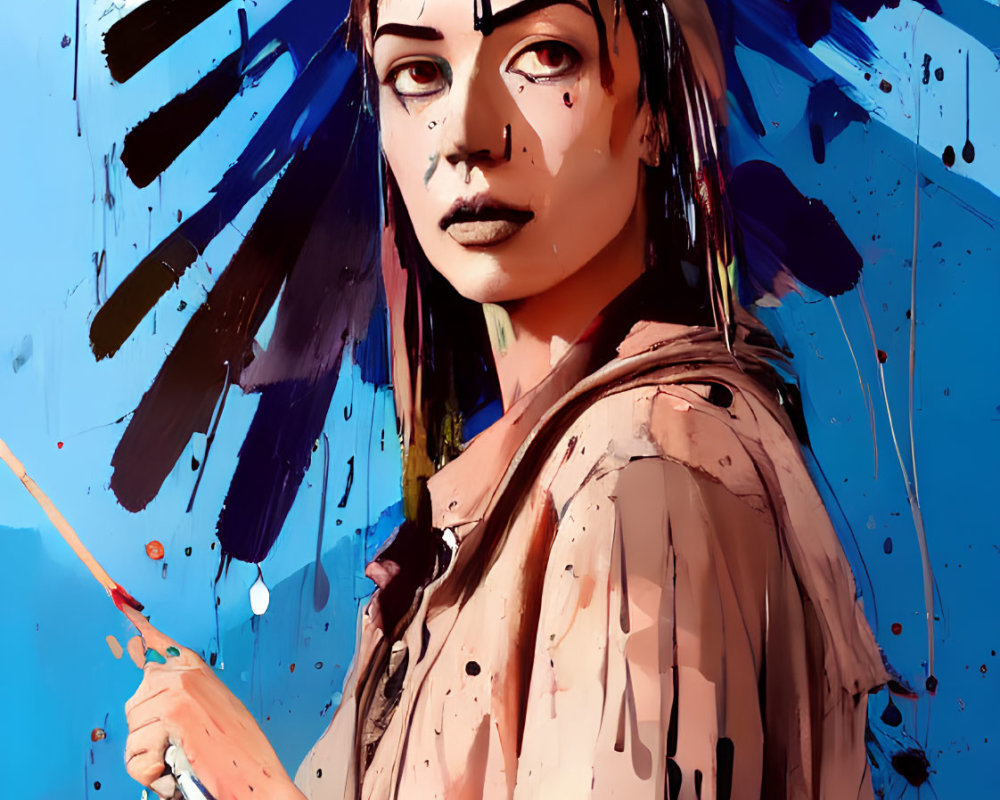 Digital painting of woman with headscarf and paintbrush, intense gaze, vibrant blue background.