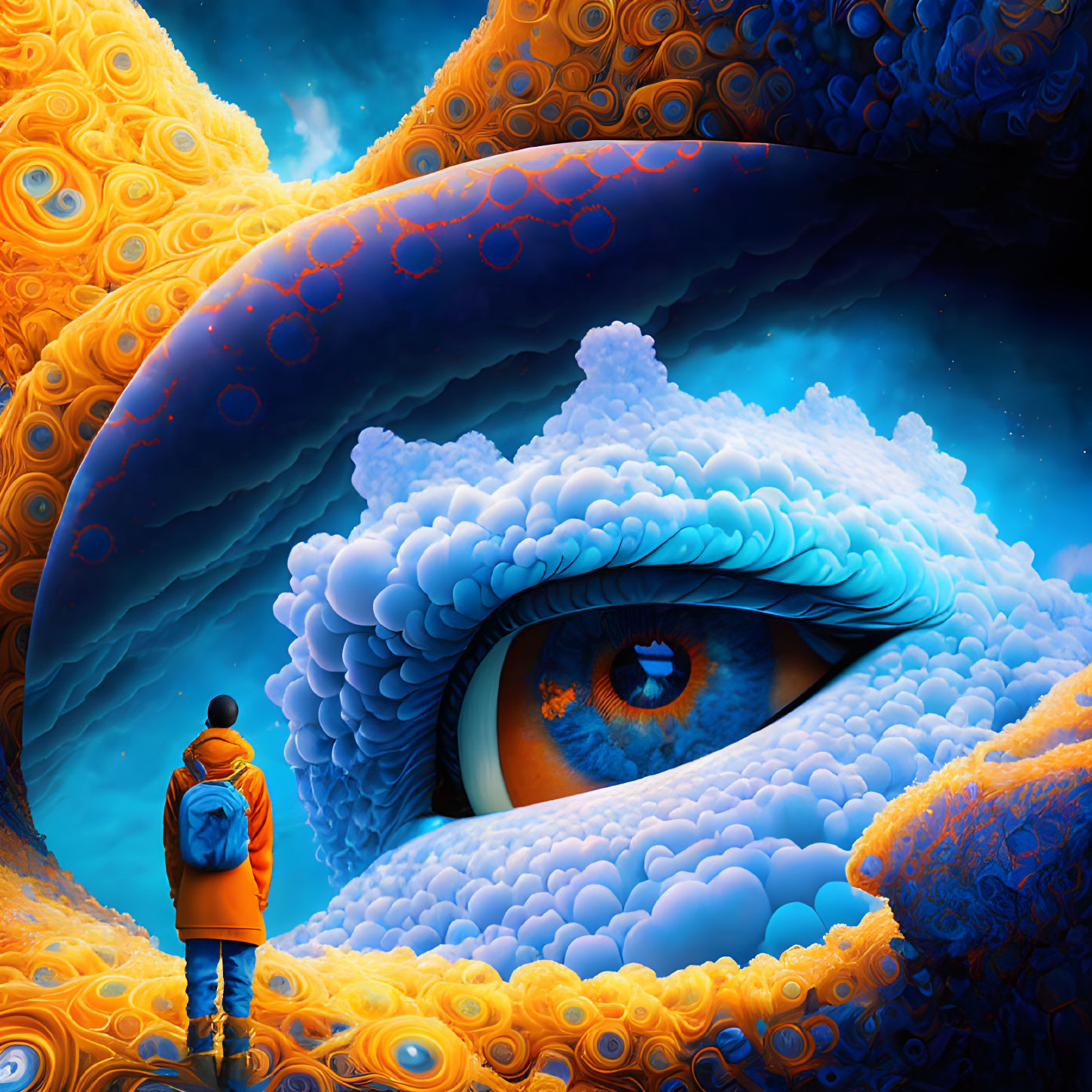 Person in orange jacket in surreal cosmic landscape with giant eye.